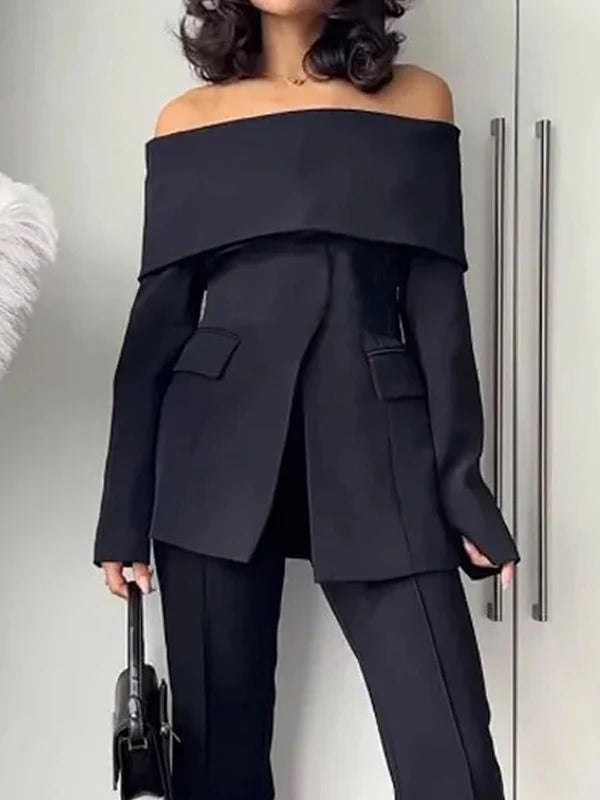 Yeezzi 2025 New Office Lady Commute Off-The-Shoulder Blazer Women Long Sleeves Solid Color Split-Front Zipper Formal...