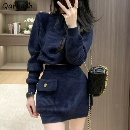 Navy Blue Dress Sets for Women Long Sleeve Tops Knitted Mini Skirts Pockets Fashion Autumn Winter High Street Ins Korean Style