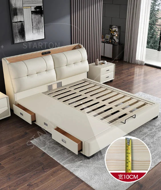 Pure White Nordic Style Oak Panel Queen Bed Frame Steel Frame Cama Modern Bed Queen Size Bed | Kimlud Luxury Bed