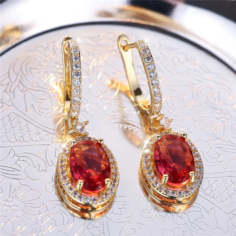 Luxury Female Rose Red Oval Zircon Stone Hoop Earrings Charm Gold Color Wedding Jewelry For Women