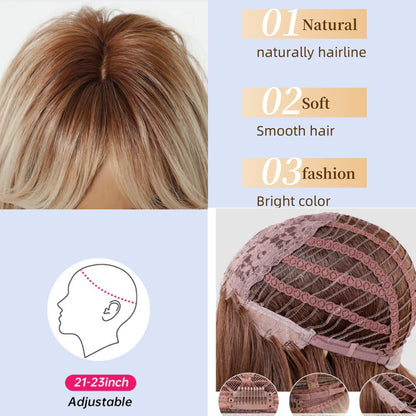 Golden Blonde Mixed Synthetic Wig Dark Root Wavy Hair With Side Bangs for Women Daily Party Cosplay wig Heat Resistant Fiber