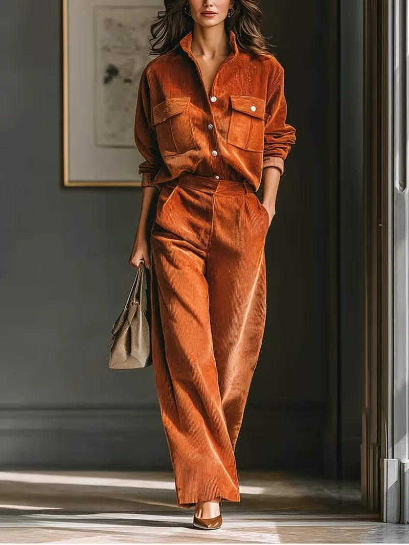 Simple Solid Color Casual Two-piece Set Women's Spring Retro Fashion Corduroy Long-sleeved Shirt Wide-leg Pants...