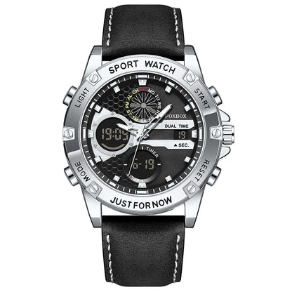 FOXBOX Fashion Men's Luxury Watch Leather Strap Quartz Watches Business Dual Display Waterproof Date Chronograph Man Watch+Box - Kimlud