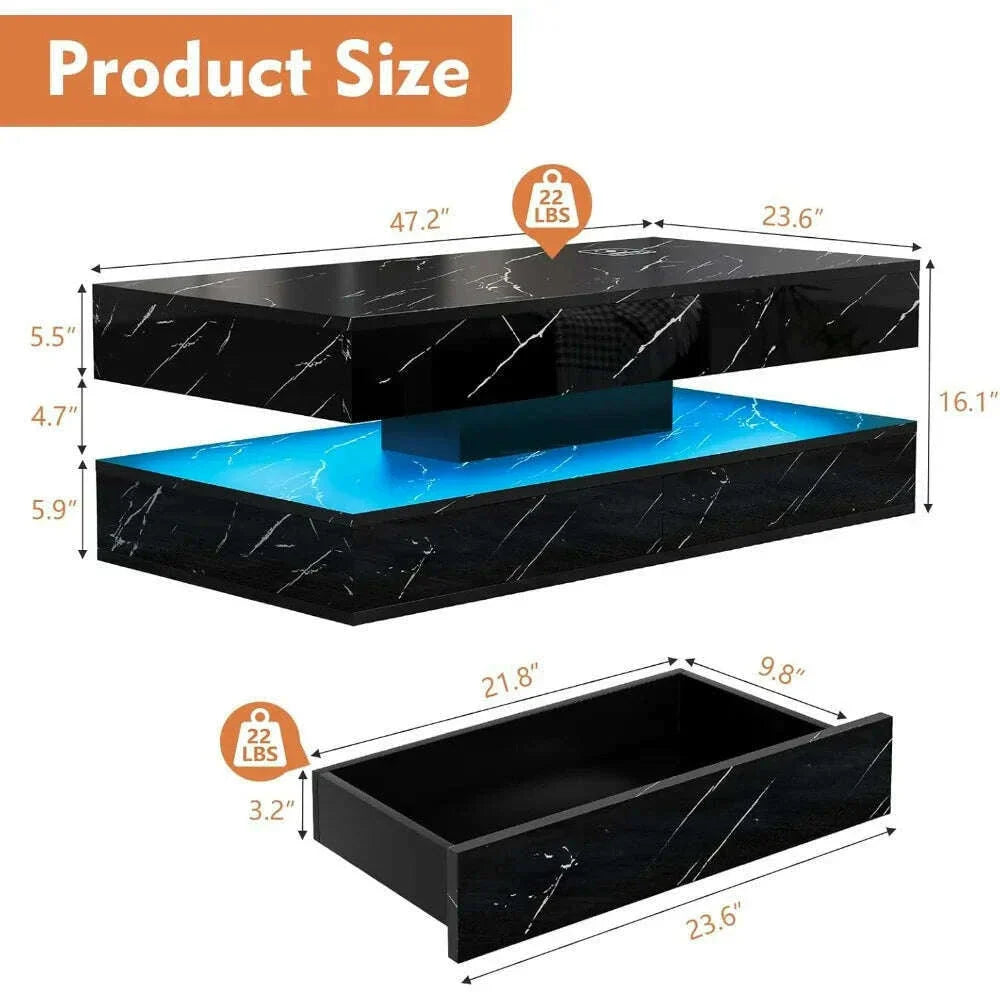 47" Modern LED Coffee Table with 2 Drawers, High Glossy Double-Layer Center Table with Wireless Charging and Built-in Bluetooth