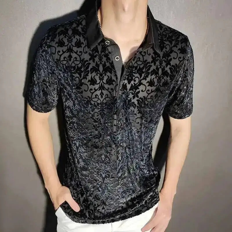Black Gold Abstract Pattern Lace Sexy Polo See Quality Men Through Social Club Luxe Transparent Shirt Summer Short Sleeve Polo - Kimlud
