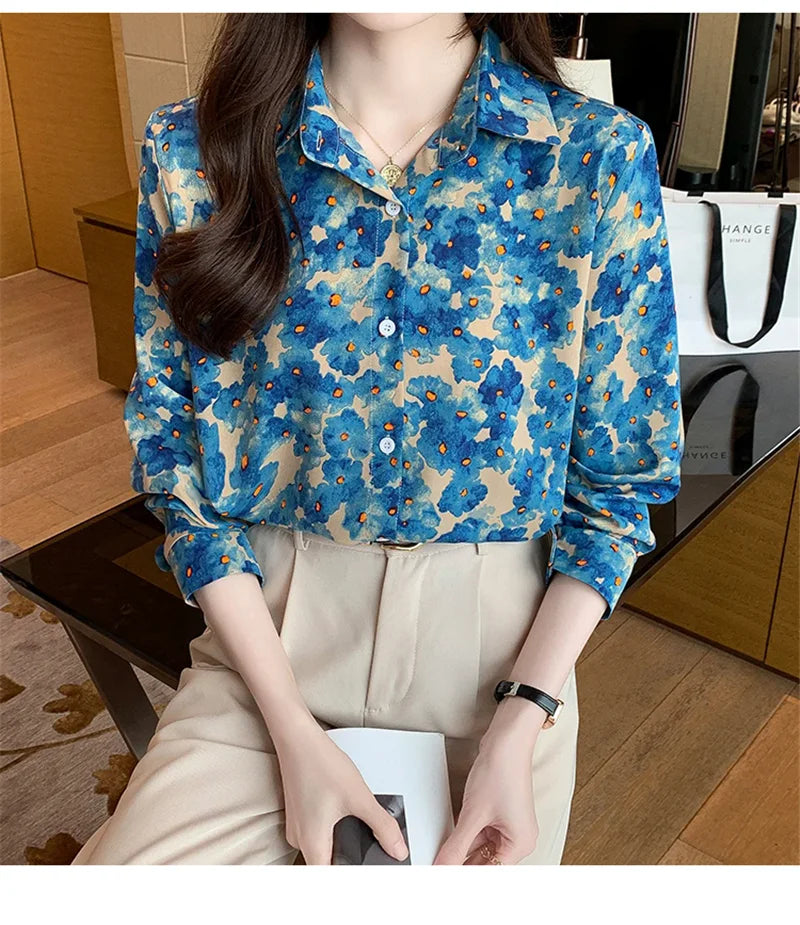 Women Chiffon Shirts Elegant Work Casual Tops Spring Summer Sweet Long Sleeve Love Heart Print Pattern Office Lady Blouse Shirts
