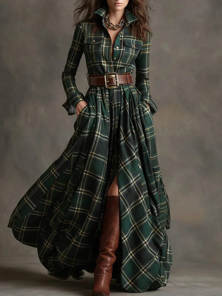 2025 Retro Plaid Print Slit Long Dresses Woman Elegant Turn-down Collar Button Maxi Dress Autumn Long Sleeve Pocket Boho Dress