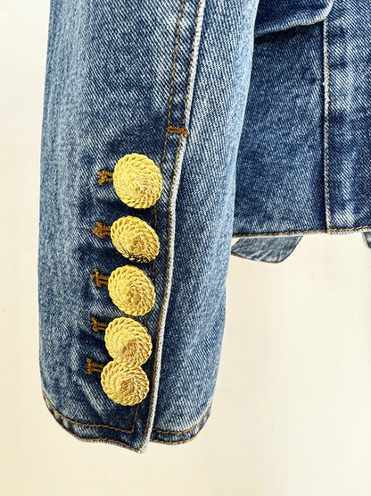 Modphy High Quality Women'S Double Breasted Slim Fit Denim Blazer Long Sleeve Jean Jacket High Waisted Pencil Mini Skirt Set