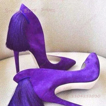 Purple Heel Tassel Suede Stiletto Feather Sandals Pointed Heels Women Hollow Pump Red Light Yellow Dance Fuchsia Cute...