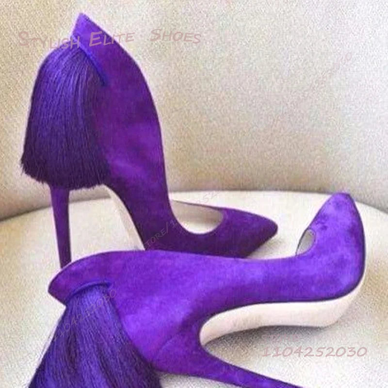 Purple Heel Tassel Suede Stiletto Feather Sandals Pointed Heels Women Hollow Pump Red Light Yellow Dance Fuchsia Cute...