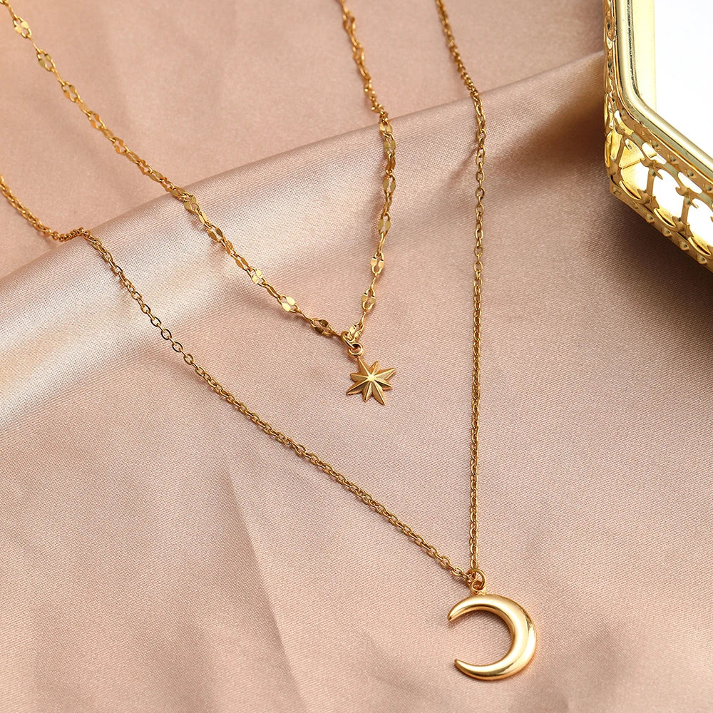 DOTIFI Stainless Steel Eight-Pointed Star Moon Pendant Double-Layer Necklace Women's Fashion Minimalist Commuter Chain Jewelry - Kimlud