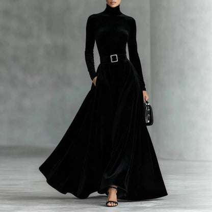 Velvet High Collar Base Dr Evening Gown mid Waist Long Skirt Ci Commute Sle Autumn Season Women's Faion Single Piece |...