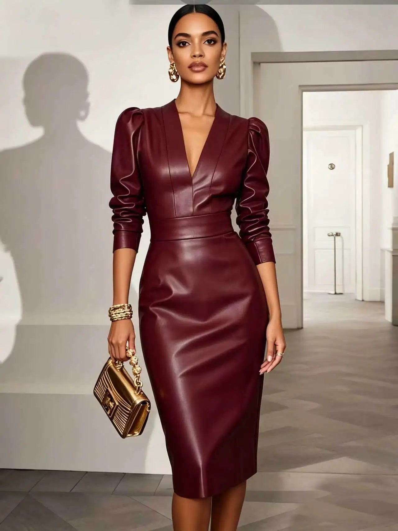 V Neck PU Leather Midi Dress Women Long Sleeve Bodycon Sheath Evening Party Dress | Kimlud Premium Dress