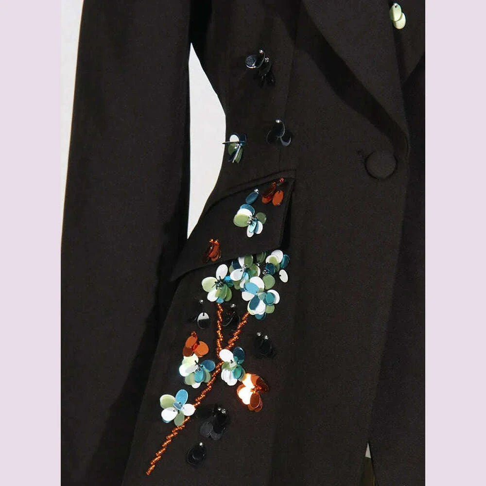 VGH Solid Spliced Sequins Slimming Blazers For Women Notched Collar Long Sleeve Tunic Casual Chic Blazer Female New Autumn 2024