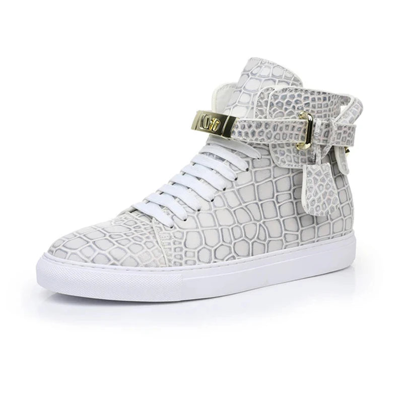 Luxury Designer Men Crocodile Pattern High Top Sneakers Glossy Patent Leather Gold Buckle Lace-up Casual Street Shoes Footwear