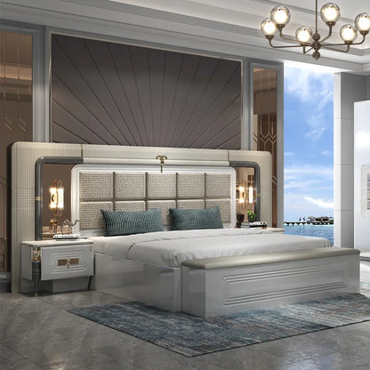 A Luxury Home Wood Frame Double King Size Bed Room Suite Lighted Headboard Full Set Modern Wooden Furniture Bedroom Sets