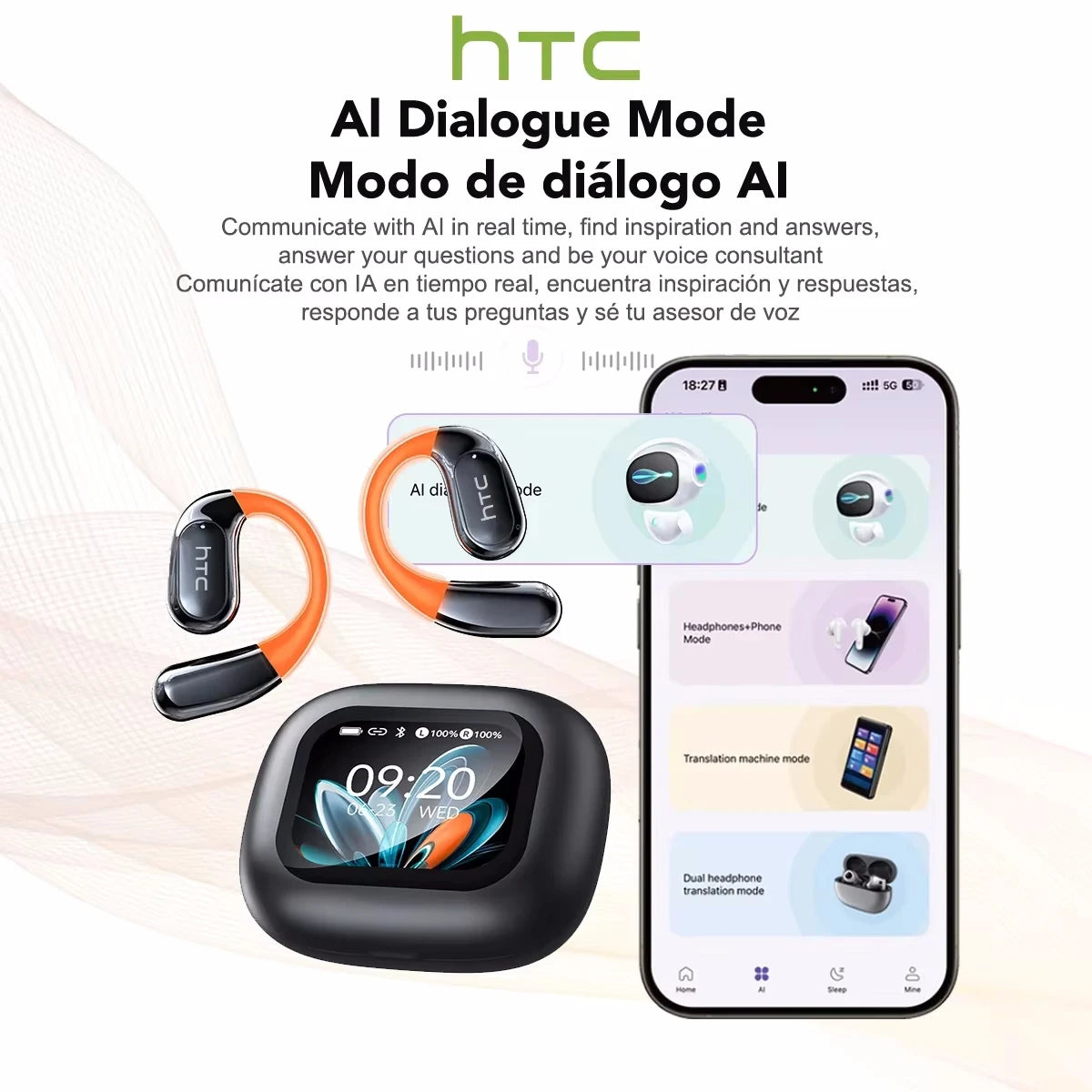 HTC NE27 Wireless Headphones AI Translator Earbuds OWS Sports Bluetooth Earphones Glowing Earhook Customizable Wallpaper Screen