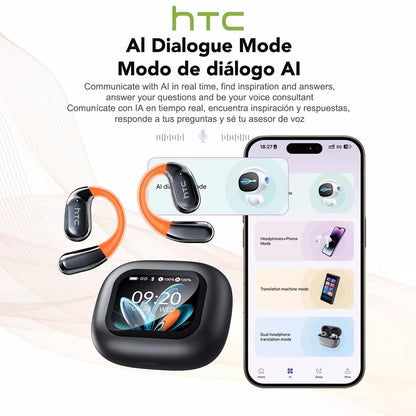 HTC NE27 Wireless Headphones AI Translator Earbuds OWS Sports Bluetooth Earphones Glowing Earhook Customizable Wallpaper Screen