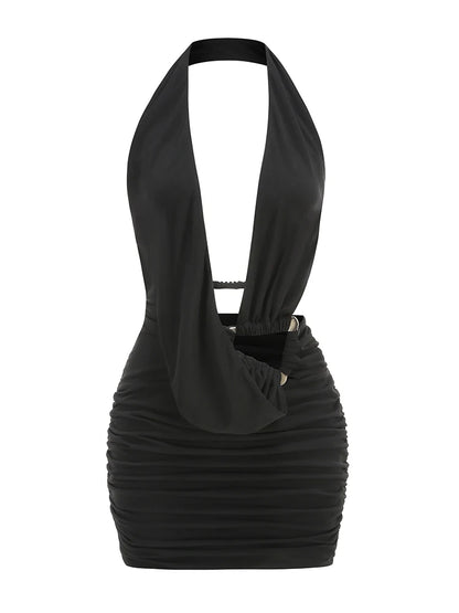 Sexy Halter Deep V Neck Pleated Draped Mini Dress Women Black Sleeveless Backless Metal Buckle Slim Dresses Evening...
