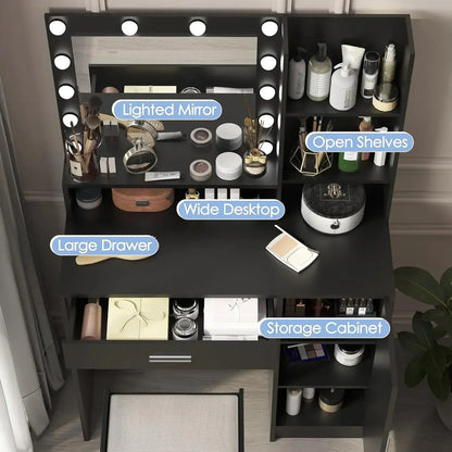 Vanity Desk with Mirror & Light, Large Drawer & Three Level Storage Dresser, Bedroom Dressing Table (Black with Stool)