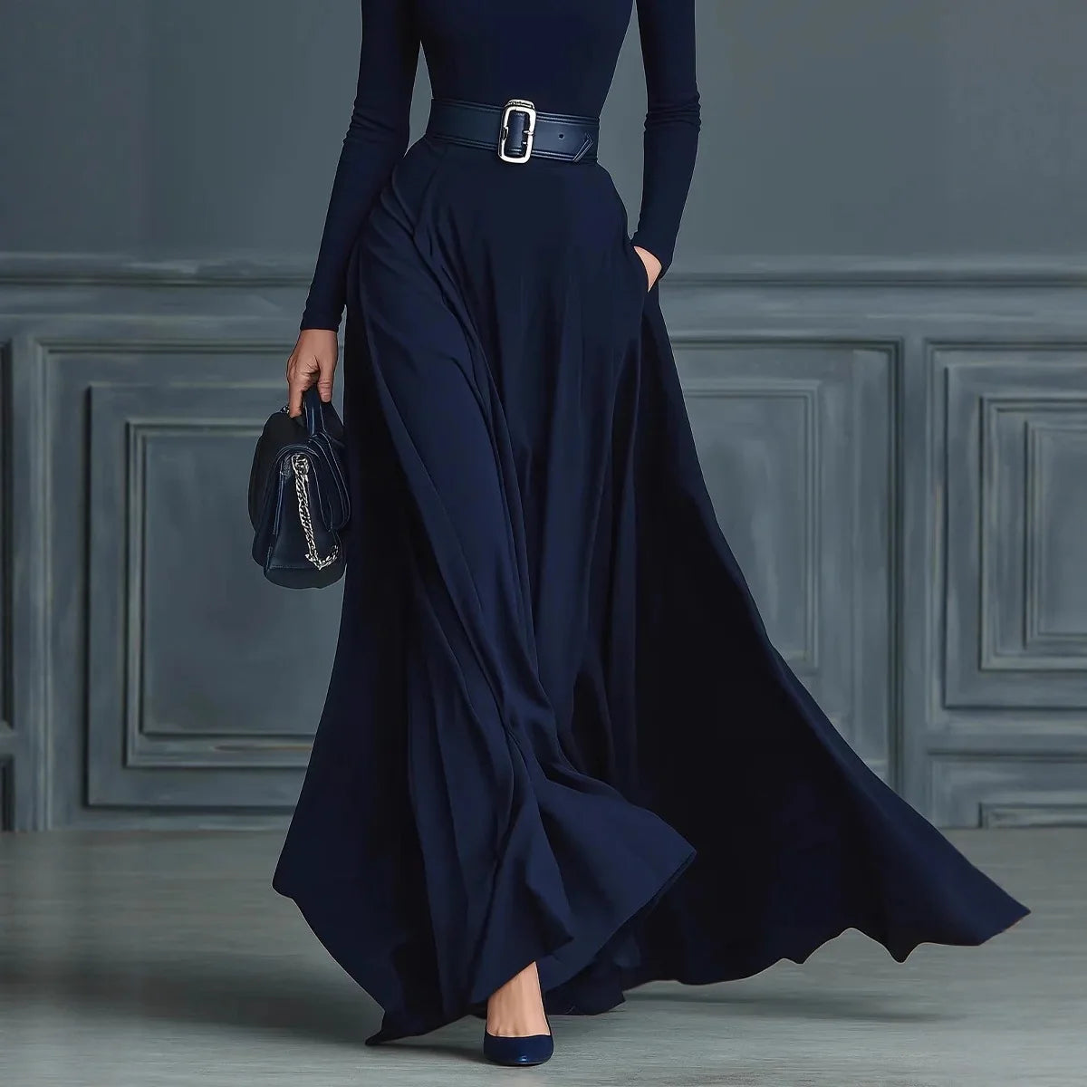 Women Elegant Turtleneck Solid With Pockets Dress Spring Autumn Fashion Slim Fit Big Swing Floor Length Evening Gown NO...