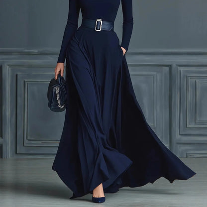 Women Elegant Turtleneck Solid With Pockets Dress Spring Autumn Fashion Slim Fit Big Swing Floor Length Evening Gown NO...