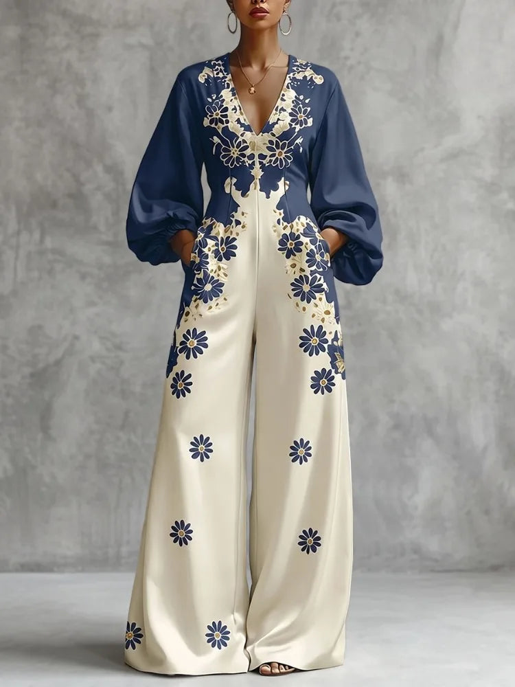 Yeezzi Women's Elegant Floral Printed Jumpsuit V-Neck Puff Long Sleeves Loose Wide Leg Jumpsuits Party Evening Long Pants Romper
