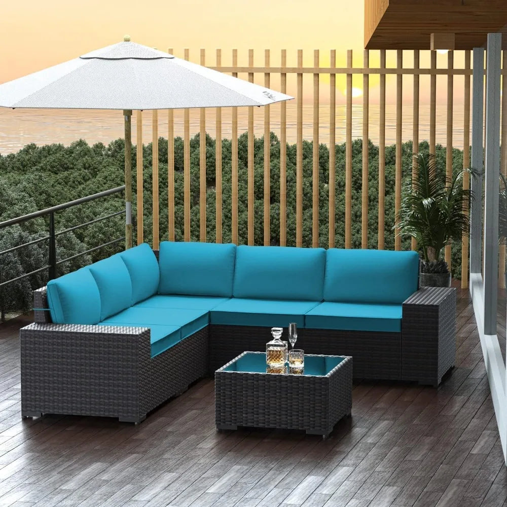 Garden Furniture Sets Outdoor Patio Furniture Set PE Rattan Wicker Sectional Conversation Set with Coffee Table Turquoise Blue - Kimlud