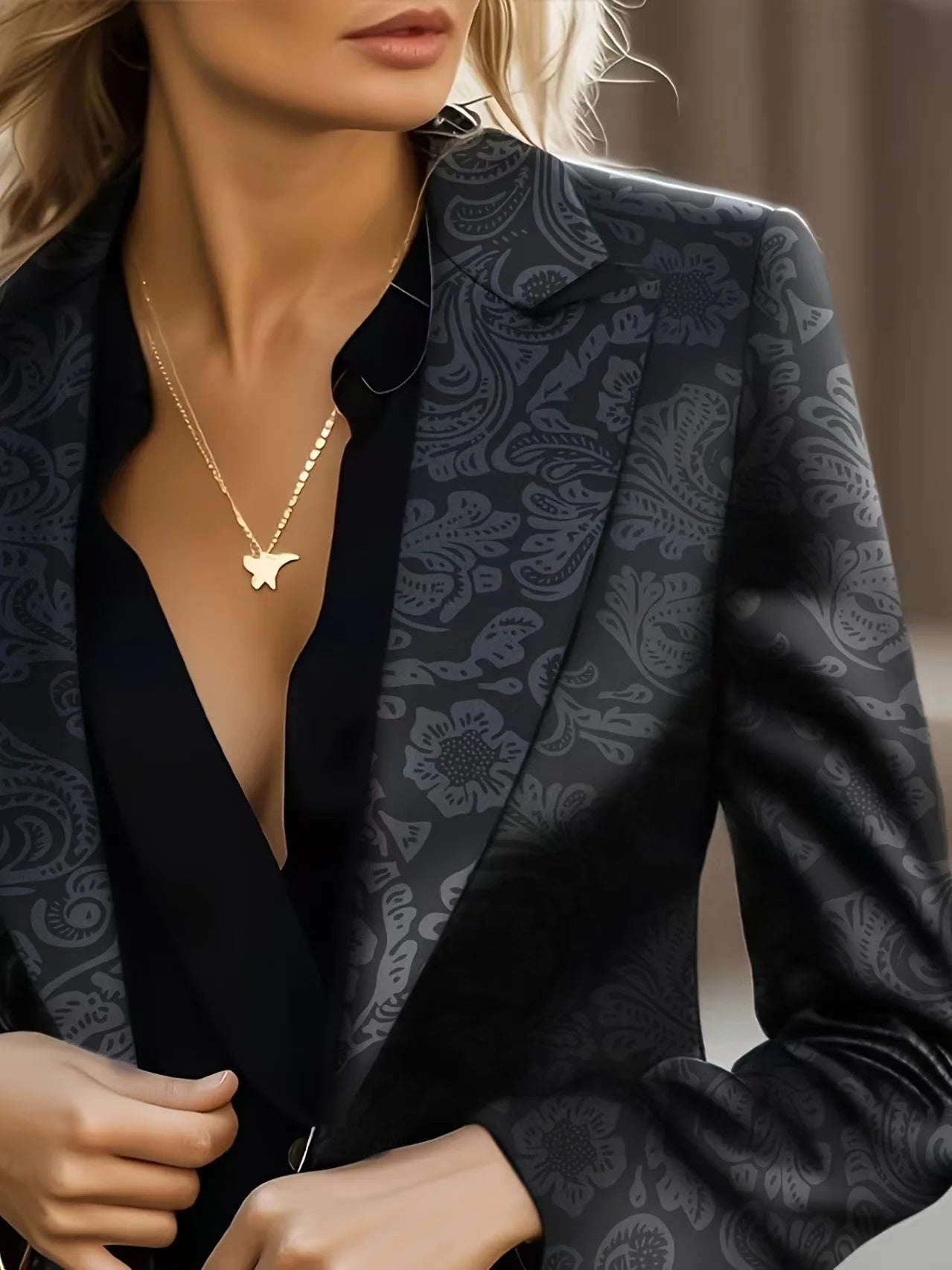 Women printing Jacquard Blazer Slim Fit Long Sleeve Lapel Suit Jacket Casual Formal Office Work Outerwear Black jacket suit Coat