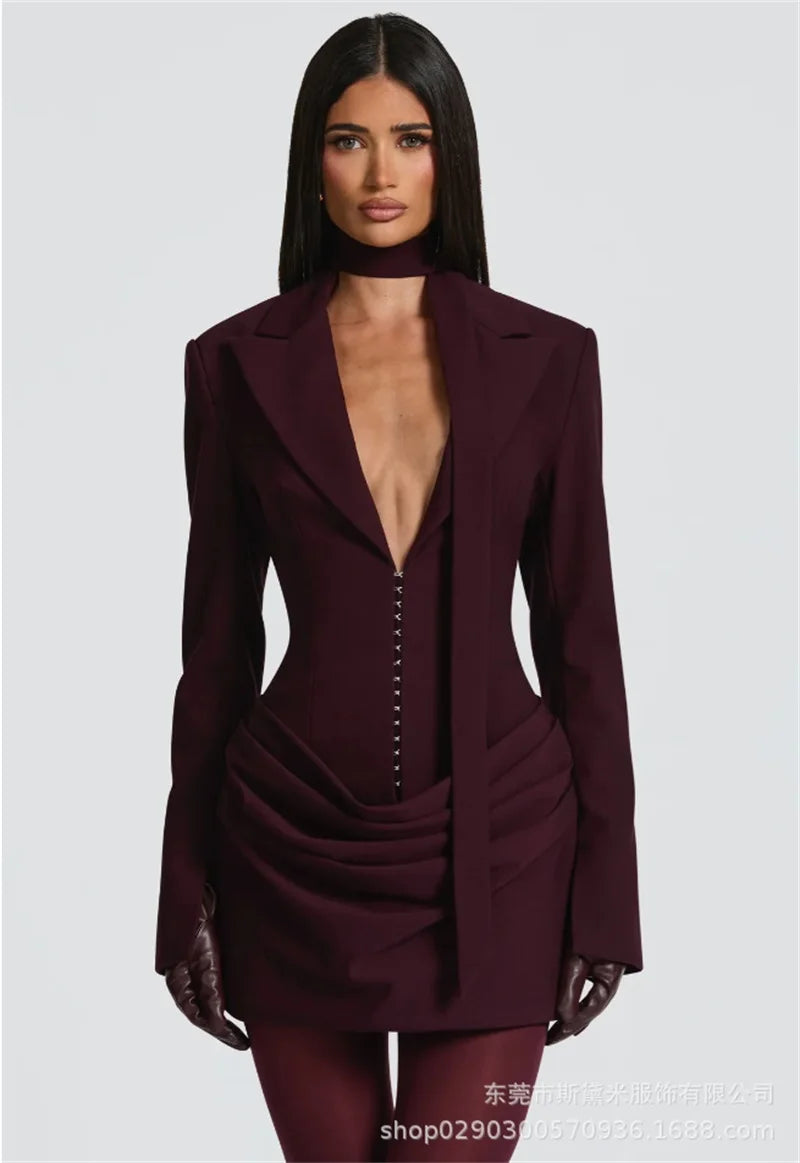 Burgundy Women Suit 1 Piece Blazer With Scarf Sexy V Neck Ruffles Hem Short Mini Party Gown Formal Office Lady Jacket Coat