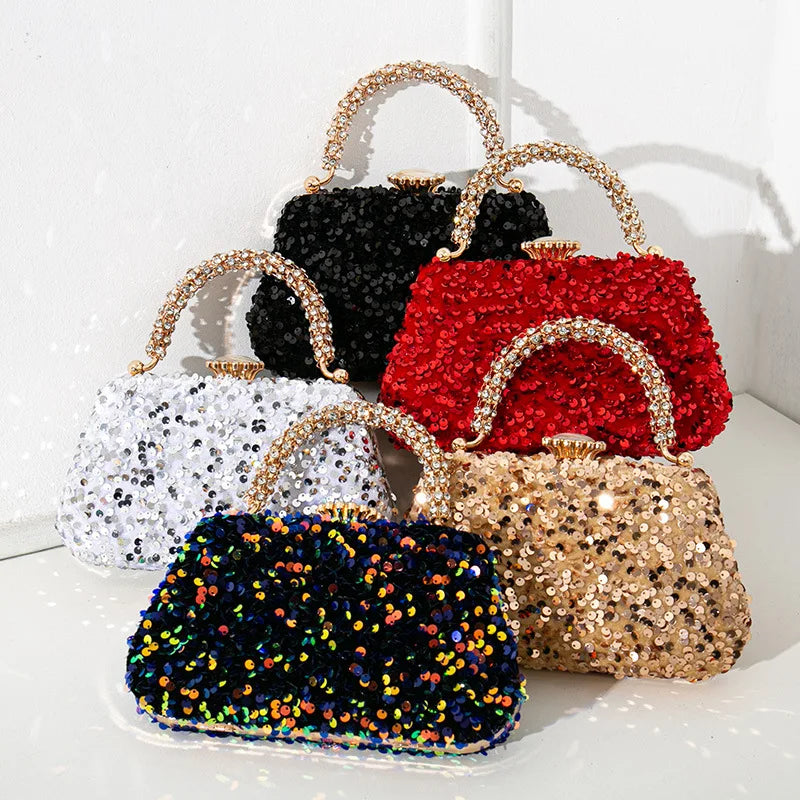 Luxury Women Shiny Sequins Evening Handbag Crystal Diamond Clutches Purse with Rhinestone Top Handle Lady Shoulder Messenger Bag - Kimlud