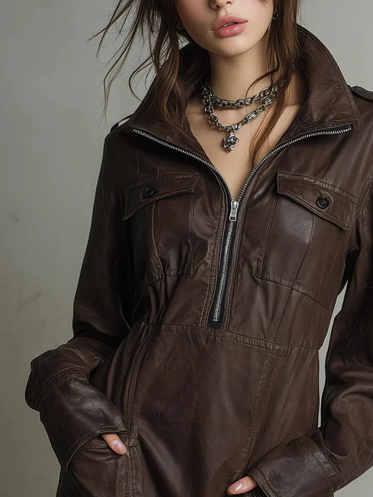 Women's Faux Leather Dress Long Sleeve Half Zip Up High Collar Mini Dress with Pockets Casual Party Streetwear Autumn Outfits