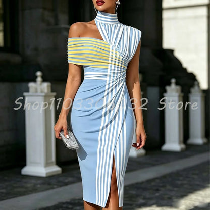 Color Block Striped Women's High Neck One Shoulder Off Shoulder Bodycon Slit Dress for Party Date Night Outfit | Kimlud...