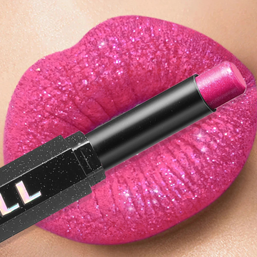 Diamond Shiny Lipstick Highly Pigmented Metallic Pearl Lipstick Waterproof Long-Lasting Makeup Sparkle Radiant All Day Cosmetic