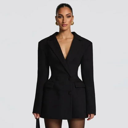 Solid Waist Cinching Blazer Dress Women Chic Long Sleeves Lapel V-neck Double Breasted Slim Short Dresses Lady Daily Street Gown