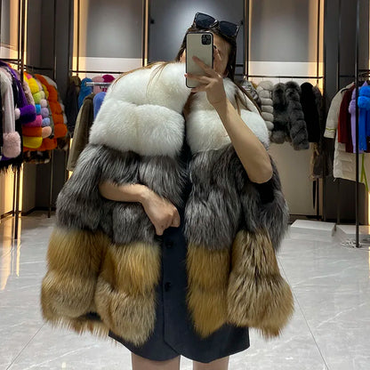 JANEFUR Women's Winter Warm Cloak True Fox Fur Cloak Six-section Stand-up Collar Fox Poncho Winter Female Cape