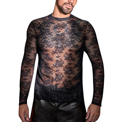 Lace Mesh Sheer See Through T-shirts for Men High Elastic Tight Thin Breathable Comfortable Tops Long Sleeves Fashion Blouse - Kimlud