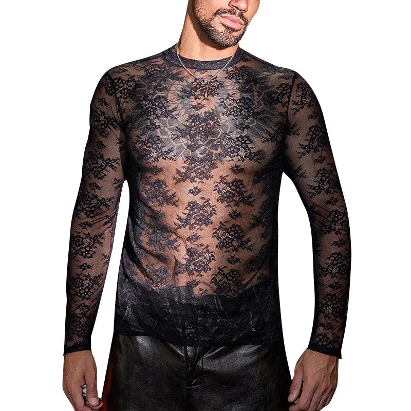 Lace Mesh Sheer See Through T-shirts for Men High Elastic Tight Thin Breathable Comfortable Tops Long Sleeves Fashion Blouse - Kimlud