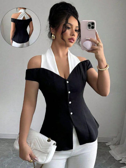 Women's Black White Contrast Off-Shoulder Top Halter Neckline Button Front Ideal for Evening Events Fashion-forward Outings - Kimlud