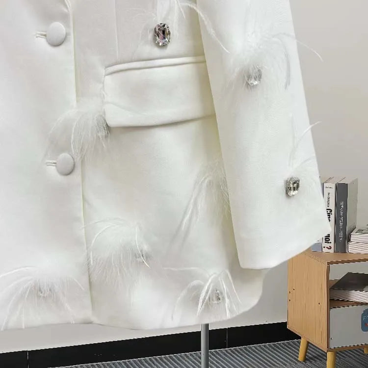Luxury feather Faux diamond blazer Women 2025 New Double breasted rhinestones jacket High quality Loose Lady suit INKEO 4O089