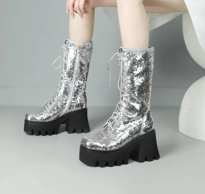 NASBAVI Sequins Cloth Bling Shiny Green Fish Scale Pattern Lace-up Punk Goth Women Winter Shoes Chunky Heels Mid-calf Boots 43