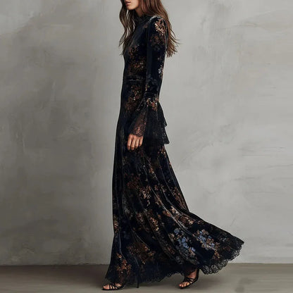 Retro New Floral Print Velvet Long Dresses Woman Sexy O Neck High Waist Evening Dress Autumn Long Sleeve Spliced Lace...