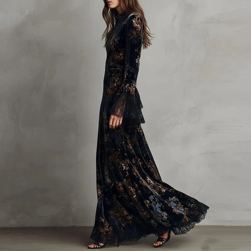 Retro New Floral Print Velvet Long Dresses Woman Sexy O Neck High Waist Evening Dress Autumn Long Sleeve Spliced Lace...