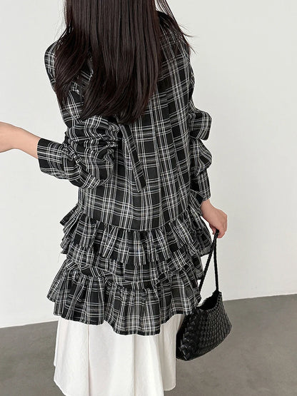 [EAM] Women Black Plaid Ruffles Big Size Elegant Blouse New V-neck Long Sleeve Shirt Fashion Tide Spring Autumn 2026...