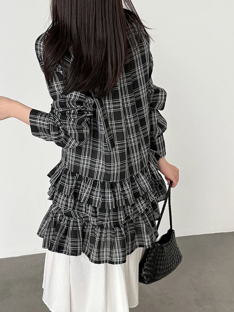 [EAM] Women Black Plaid Ruffles Big Size Elegant Blouse New V-neck Long Sleeve Shirt Fashion Tide Spring Autumn 2026...