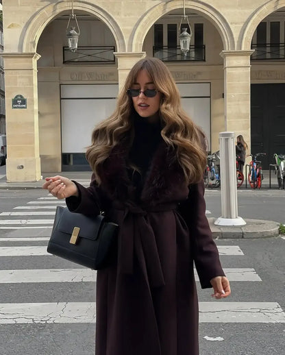 Elegant Fur Collar Woolen Blend Overcoat Women V-neck Full Sleeve Lace Up Loose Long Coat Lady Daily Commute Street Outerwear