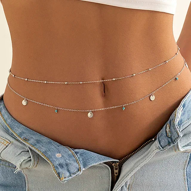 Sexy Double Layer Colorful Stone Chain for Women Crystal Butterfly Waist Bead Belly Chain Belly Belt Summer Beach Body Jewelry - Kimlud