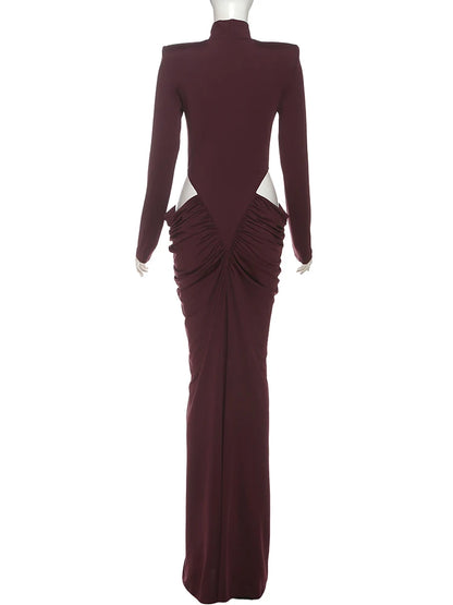 SiSterlinda Ruched Waistless Maxi Dress Women Sexy Shoulder Padded Patchwork Turtleneck Elegant Stretch Skinny Evening Bodycon