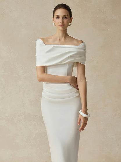 DEAT Elegant Dress Slash Neck Pleated Back Split Slim Hip Warp Long Women's Evening Party Dresses 2026 Winter New Tide...