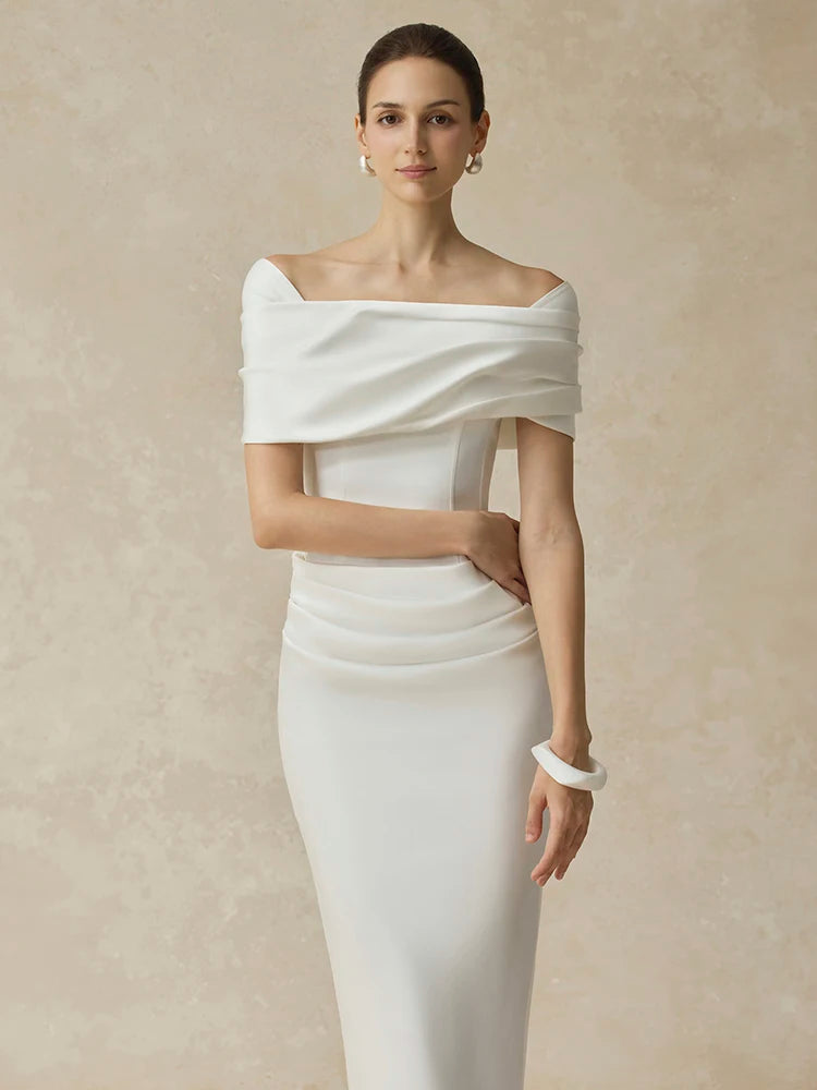 DEAT Elegant Dress Slash Neck Pleated Back Split Slim Hip Warp Long Women's Evening Party Dresses 2026 Winter New Tide...